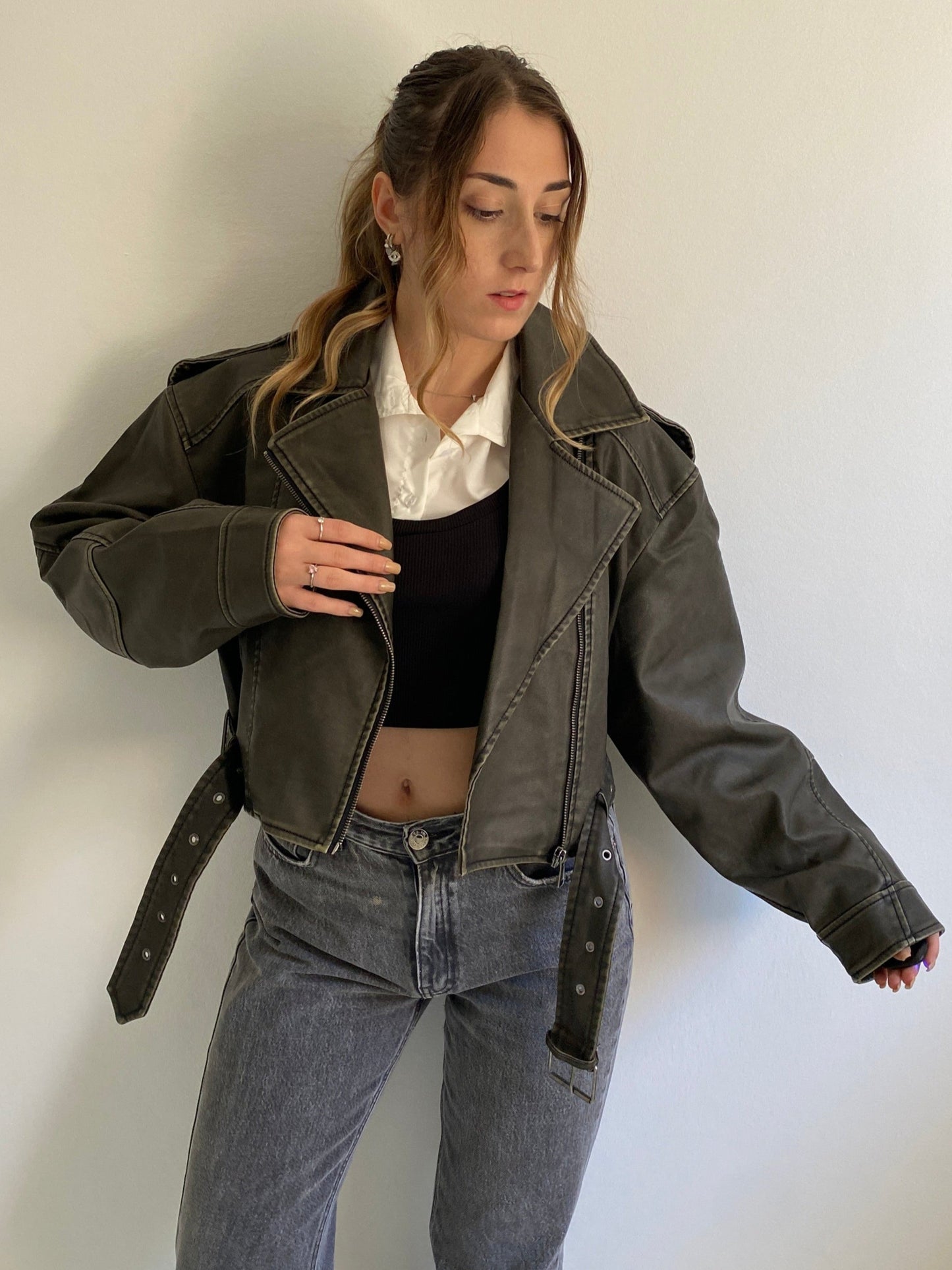 Giacca ecopelle bomber effetto consumato
